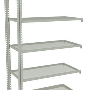 A metal shelving unit with five adjustable perforated shelves. The structure is open on all sides and appears sturdy, suitable for storage or organizing items. The unit has a simple, industrial design.