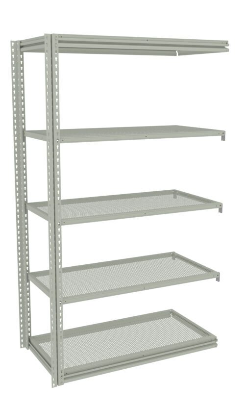 A metal shelving unit with five adjustable perforated shelves. The structure is open on all sides and appears sturdy, suitable for storage or organizing items. The unit has a simple, industrial design.