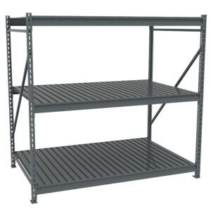 A gray metal shelving unit with three levels, featuring slatted shelves. The design is industrial and utilitarian, suitable for storage or warehouse use. The background is plain white, highlighting the structure.