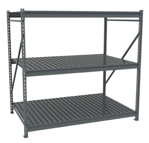 A gray metal shelving unit with three levels, featuring slatted shelves. The design is industrial and utilitarian, suitable for storage or warehouse use. The background is plain white, highlighting the structure.