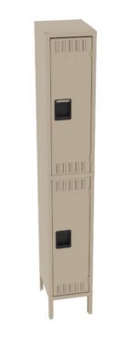A beige metal locker with two compartments, each featuring a black handle and ventilation slits. The locker stands on legs and is set against a plain white background.