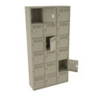 A beige metal locker unit with multiple compartments, some of which have doors open. The lockers are arranged in three vertical columns and several horizontal rows, featuring vented doors and label holders.