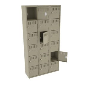 A beige metal locker unit with multiple compartments, some of which have doors open. The lockers are arranged in three vertical columns and several horizontal rows, featuring vented doors and label holders.