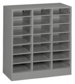 A gray metal shelving unit with three columns and four rows of empty cubbyholes, designed for storage and organization.