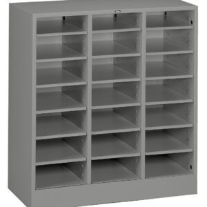 A gray metal shelving unit with three columns and four rows of empty cubbyholes, designed for storage and organization.