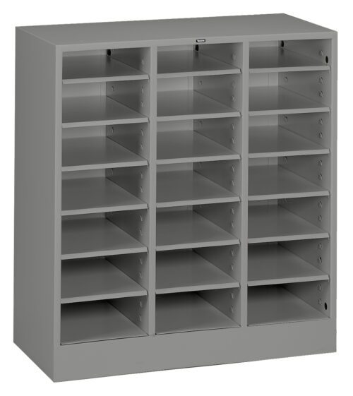 A gray metal shelving unit with three columns and four rows of empty cubbyholes, designed for storage and organization.