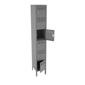 A tall, gray metal locker with multiple small compartments, some open and some closed. It stands on short legs. The lockers have small ventilation slots and key locks. One compartment door is ajar.