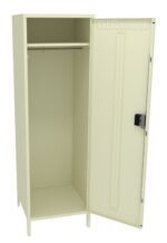 A beige metal locker with the door open, showing an empty interior. It features a hanging rod at the top and a flat shelf at the bottom. The locker stands on four small legs and has a locking mechanism on the door.