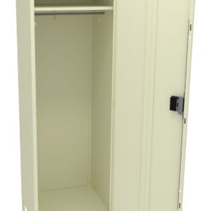 A beige metal locker with the door open, showing an empty interior. It features a hanging rod at the top and a flat shelf at the bottom. The locker stands on four small legs and has a locking mechanism on the door.