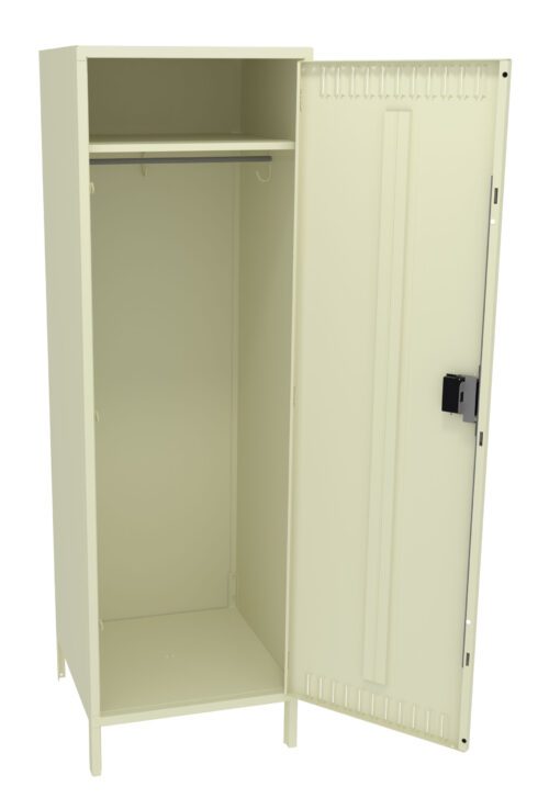 ofazm60xi20f3bcxy6lh.jpg A beige metal locker with the door open, showing an empty interior. It features a hanging rod at the top and a flat shelf at the bottom. The locker stands on four small legs and has a locking mechanism on the door.