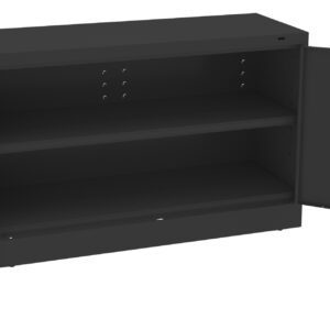 A black metal storage cabinet with two open doors revealing a wide, empty interior space with two shelves. The cabinet has a simple, industrial design and handles on each door.