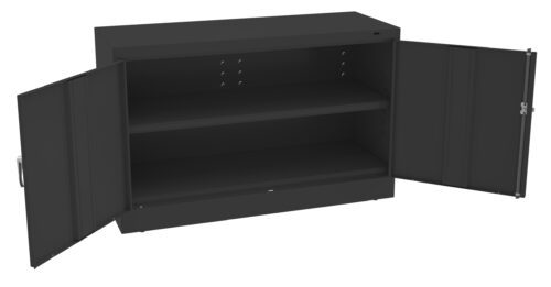 ofd10h3tarujlwpcnyhn.jpg A black metal storage cabinet with two open doors revealing a wide, empty interior space with two shelves. The cabinet has a simple, industrial design and handles on each door.