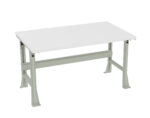 A sturdy, industrial-style workbench with a white tabletop and light gray metal legs and frame. The design is simple, with a rectangular surface and reinforced legs, suitable for various tasks in workshops or garages.