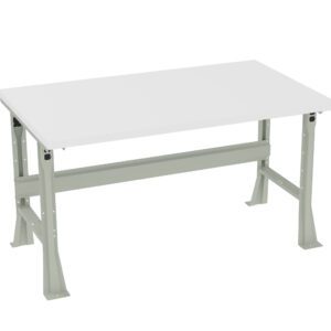 A sturdy, industrial-style workbench with a white tabletop and light gray metal legs and frame. The design is simple, with a rectangular surface and reinforced legs, suitable for various tasks in workshops or garages.