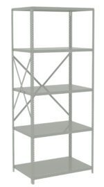 A steel shelving unit with five adjustable shelves, featuring a minimalist design in a gray finish. It has cross braces on the back for stability and perforations on the sides for shelf customization.