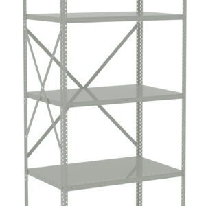 A steel shelving unit with five adjustable shelves, featuring a minimalist design in a gray finish. It has cross braces on the back for stability and perforations on the sides for shelf customization.