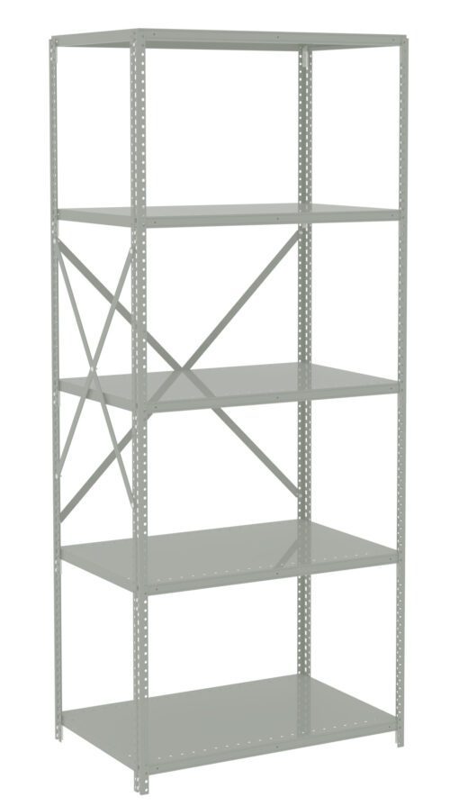 A steel shelving unit with five adjustable shelves, featuring a minimalist design in a gray finish. It has cross braces on the back for stability and perforations on the sides for shelf customization.