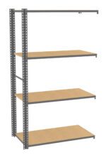 A metal and wood shelving unit with four evenly spaced wooden shelves, supported by a grey metal frame. The shelves are designed for storage and organization, suitable for use in garages, warehouses, or offices.