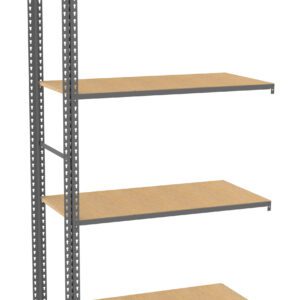 A metal and wood shelving unit with four evenly spaced wooden shelves, supported by a grey metal frame. The shelves are designed for storage and organization, suitable for use in garages, warehouses, or offices.