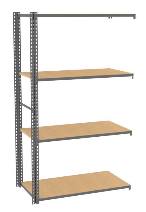 A metal and wood shelving unit with four evenly spaced wooden shelves, supported by a grey metal frame. The shelves are designed for storage and organization, suitable for use in garages, warehouses, or offices.