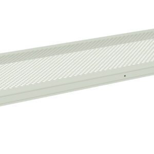 A long, rectangular metal mesh shelf with a light beige finish. It has holes for ventilation and brackets on each side for mounting. The design is simple and industrial, suitable for storage or organizational use.
