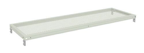 ogrmmr64fksvl4rvqiga.jpg A long, rectangular metal mesh shelf with a light beige finish. It has holes for ventilation and brackets on each side for mounting. The design is simple and industrial, suitable for storage or organizational use.