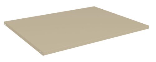 ogzukq6nu7gffunisl1f.jpg A beige rectangular metal shelf with a smooth surface and slight shadow, angled to show depth. The shelf features small holes on the sides, suggesting it can be mounted or connected to other surfaces.