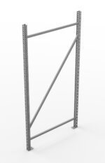 A metal shelving frame with two vertical beams connected by a horizontal beam at the top and a diagonal support beam. The frame is on a plain white background.