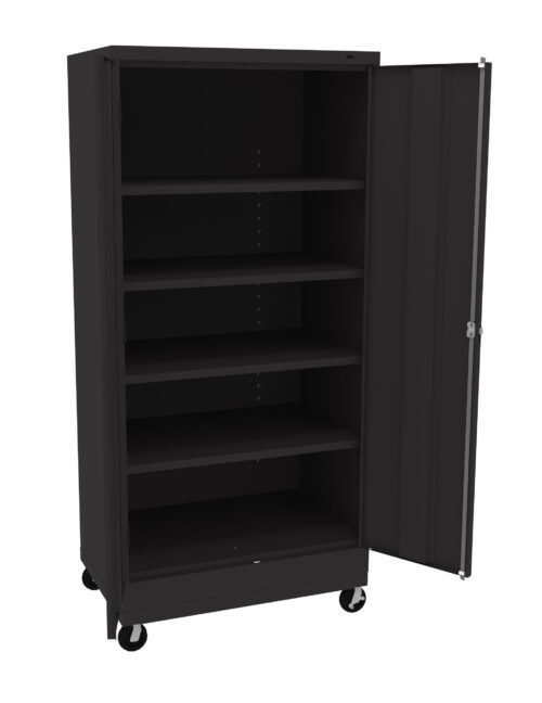ohb6jjsgfql63jo7gipo.jpg A tall, black metal storage cabinet on wheels with one open door. It has five adjustable shelves and a smooth, minimalist design, suitable for office or garage organization.