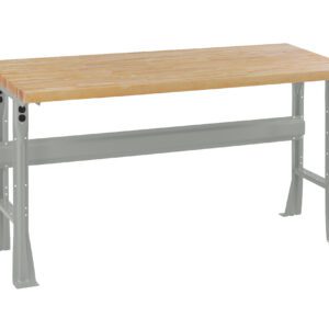 A sturdy workbench with a light wooden top and gray metal legs, featuring a central support bar. The design is simple and functional, ideal for various tasks and projects.