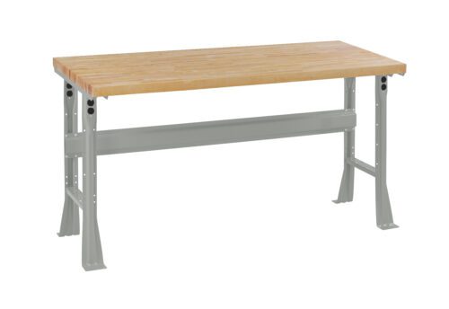 A sturdy workbench with a light wooden top and gray metal legs, featuring a central support bar. The design is simple and functional, ideal for various tasks and projects.
