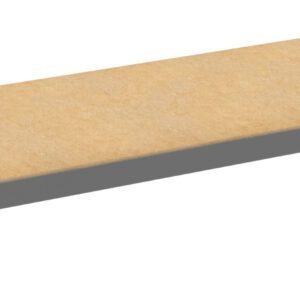 A wooden shelf with a light brown surface and gray metal supports is shown against a plain background.