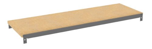 A wooden shelf with a light brown surface and gray metal supports is shown against a plain background.