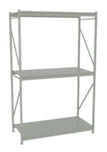 A metal shelving unit with three evenly spaced shelves, suitable for storage in a garage or warehouse. The unit has a minimalist design with perforated sides and sturdy brackets for support.