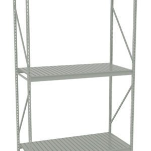 A metal shelving unit with three evenly spaced shelves, suitable for storage in a garage or warehouse. The unit has a minimalist design with perforated sides and sturdy brackets for support.