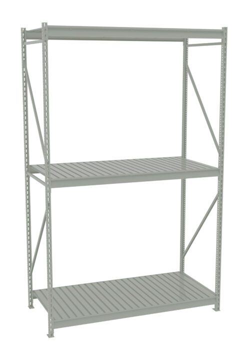 A metal shelving unit with three evenly spaced shelves, suitable for storage in a garage or warehouse. The unit has a minimalist design with perforated sides and sturdy brackets for support.