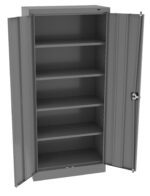 A gray, metal storage cabinet with two open doors revealing five spacious shelves inside. The cabinet is standing on a flat surface, and a lock mechanism is visible on one of the doors.