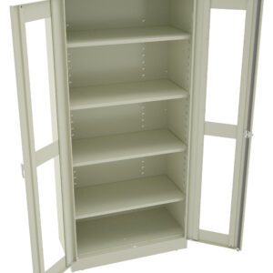 A beige metal storage cabinet with glass-paneled doors stands open, revealing four empty shelves inside. The cabinet is plain with a simple design suitable for organizing or storing items.