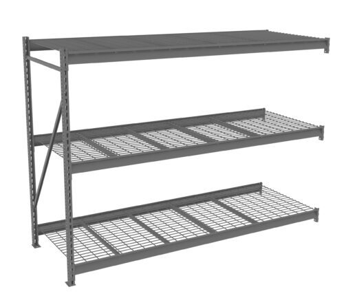 A metal shelving unit with three wire grid shelves and a solid top shelf. The structure is made of steel with a gray finish, designed for storage and organization in industrial or warehouse settings.