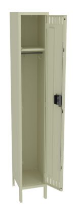 A tall, beige metal locker stands open, revealing an interior with a single top shelf and a clothing rod beneath it. The locker door has a black latch and ventilation slots near the top and bottom.