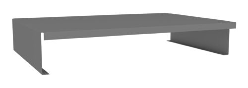 Gray, rectangular metal computer monitor stand with an open front and back, supported by two side panels. The design is minimalist and elevated to allow space underneath.