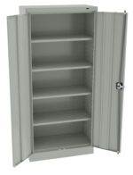 A gray steel storage cabinet with double doors opened to reveal five empty shelves. The doors have recessed handles, and a lock is visible on the right door. The cabinet is against a plain white background.