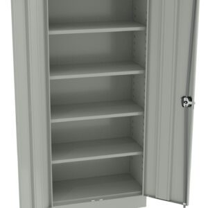 A gray steel storage cabinet with double doors opened to reveal five empty shelves. The doors have recessed handles, and a lock is visible on the right door. The cabinet is against a plain white background.