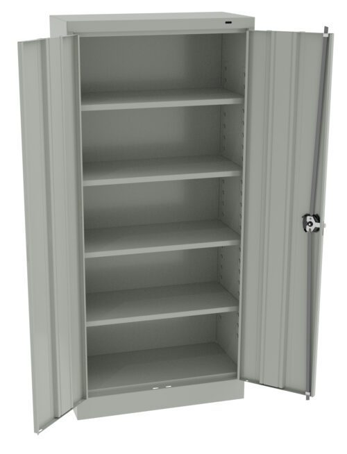 A gray steel storage cabinet with double doors opened to reveal five empty shelves. The doors have recessed handles, and a lock is visible on the right door. The cabinet is against a plain white background.