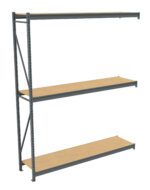 Three-tier industrial shelving unit with gray metal frame and wooden shelves. The structure is empty, showcasing its spacious design and sturdy construction, suitable for storage or organizational purposes.