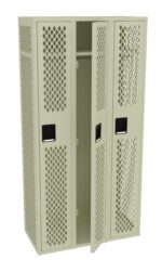 A beige, three-compartment metal locker with lattice-style doors. The central door is open, revealing an empty interior with a shelf and hanging rod. Locking mechanisms are visible on each door.