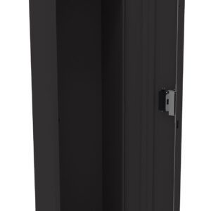 A tall, black metal locker with one door open, revealing an empty interior. The locker has a hanging rod inside and a keypad lock on the door. The design is simple and industrial.