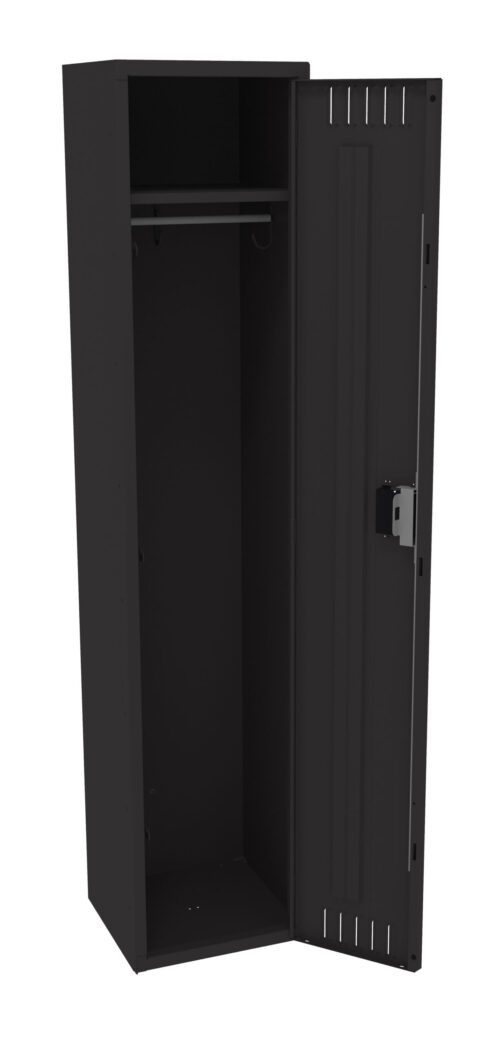 ojwg7xzncong3oepmlin.jpg A tall, black metal locker with one door open, revealing an empty interior. The locker has a hanging rod inside and a keypad lock on the door. The design is simple and industrial.