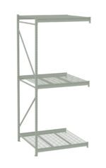 A metal shelving unit with three wire grid shelves. The frame is open on all sides, featuring a sparse, industrial design. The shelves are evenly spaced, and the unit is a light gray color against a plain white background.