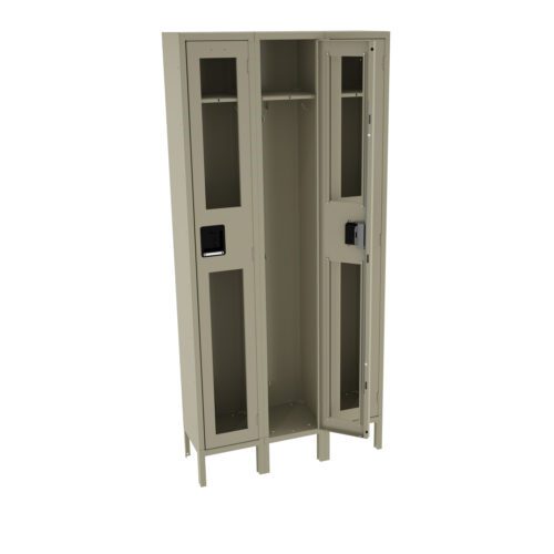 oksax9dege0psllhbcbu.jpg Open beige metal locker with two compartments, each featuring a shelf, a hanging rod, and a door with ventilation slats. The locker doors are partially ajar, revealing the interior space.